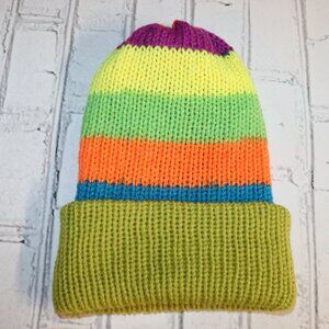 🌈 Handmade Beanie – Neon Candy Stripe Knit – Women’s Medium